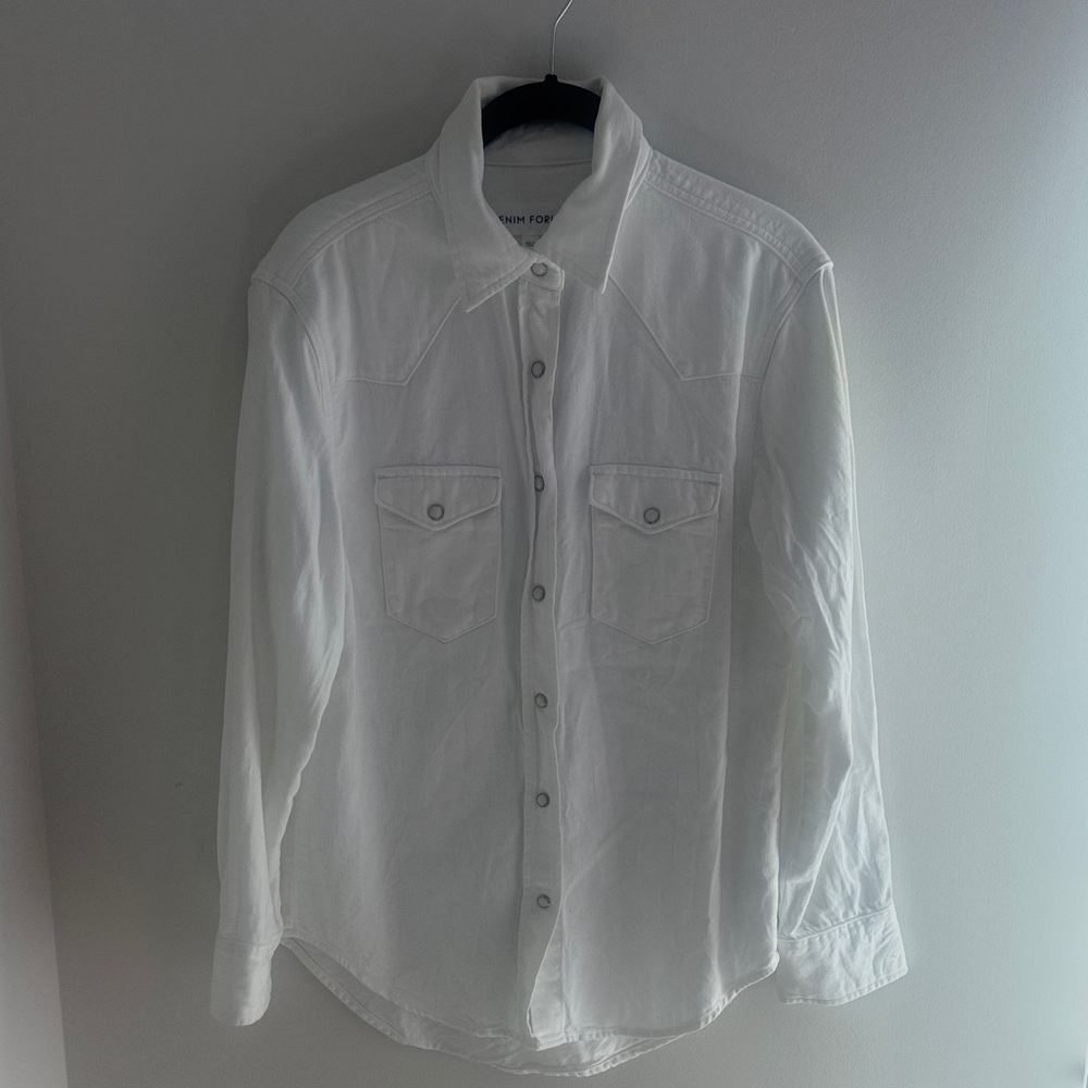 Denim Forum Women's White Oversized Snap Button-Up Denim Shirt